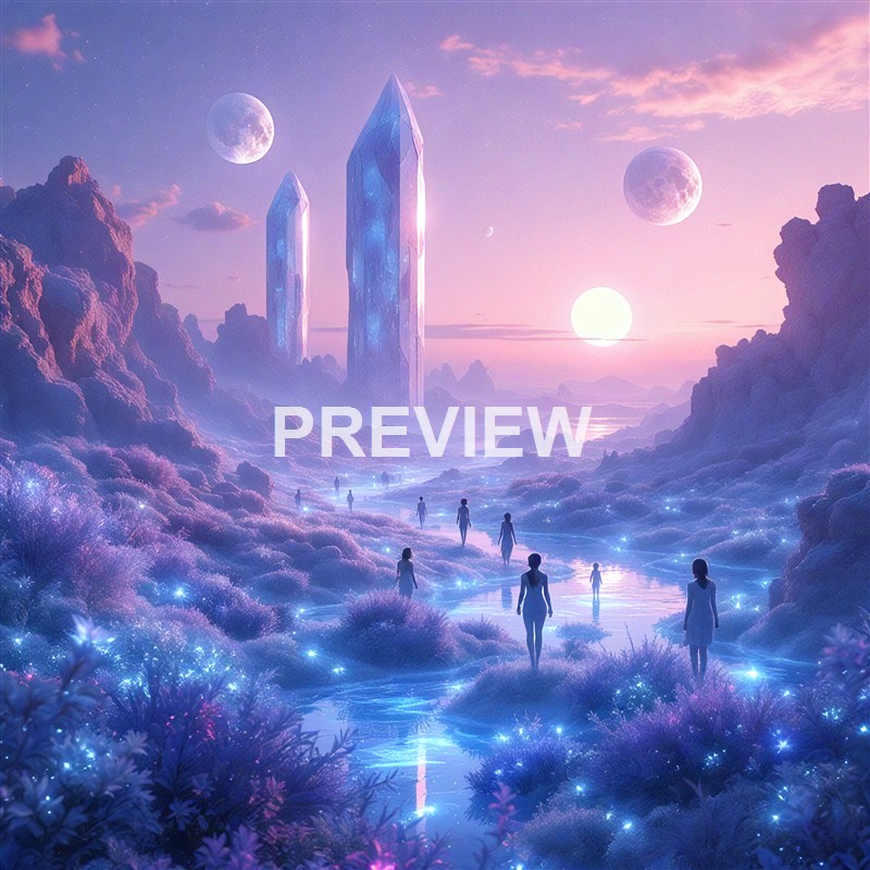 A fantastical landscape featuring tall, crystalline towers, multiple moons in a pink and purple sky, and several humanoid figures walking along a glowing, water-filled path surrounded by luminous flora.